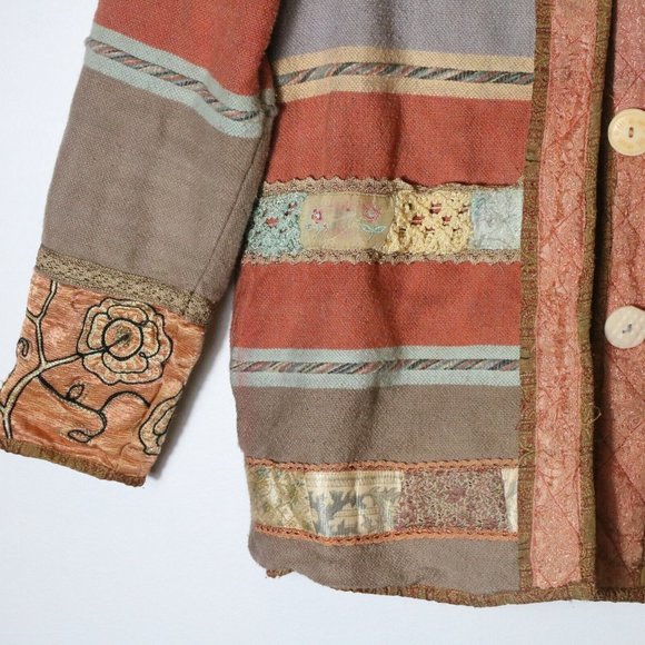 Vintage Flashback Boho Patchwork Tapestry Button Jacket Floral Striped Cotton - Picture 3 of 8